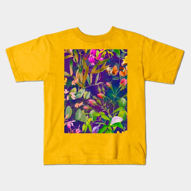 Cool tropical floral leaves botanical illustration, tropical plants,leaves and flowers, purple navy leaves pattern Kids T-Shirt by Zeinab taha